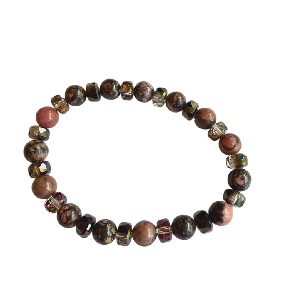 Rhodonite bracelet stretchy handmade with glass